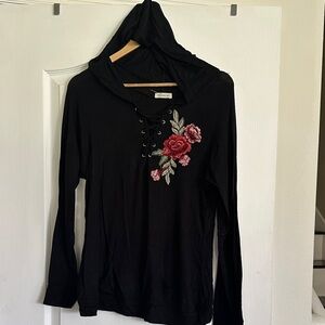 Cato Black Hoodie with Red Floral Embroidery